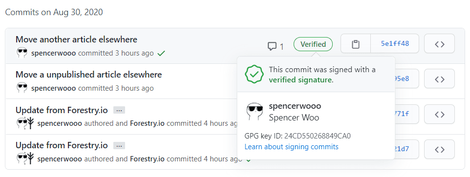 使用 GPG 签名的 commit 会在 GitHub 上显示 Verified 标志